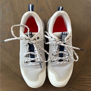 Under Armour Women's HOVR Block City Volleyball Shoe White with Navy Blue Accent